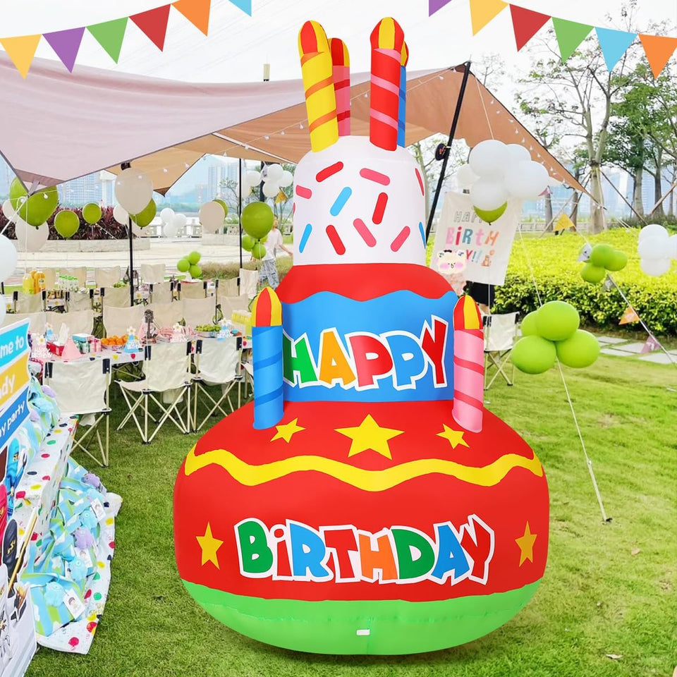 Goosh 6.2 ft birthday cake inflatable for outdoor celebrations with durable weather resistance.