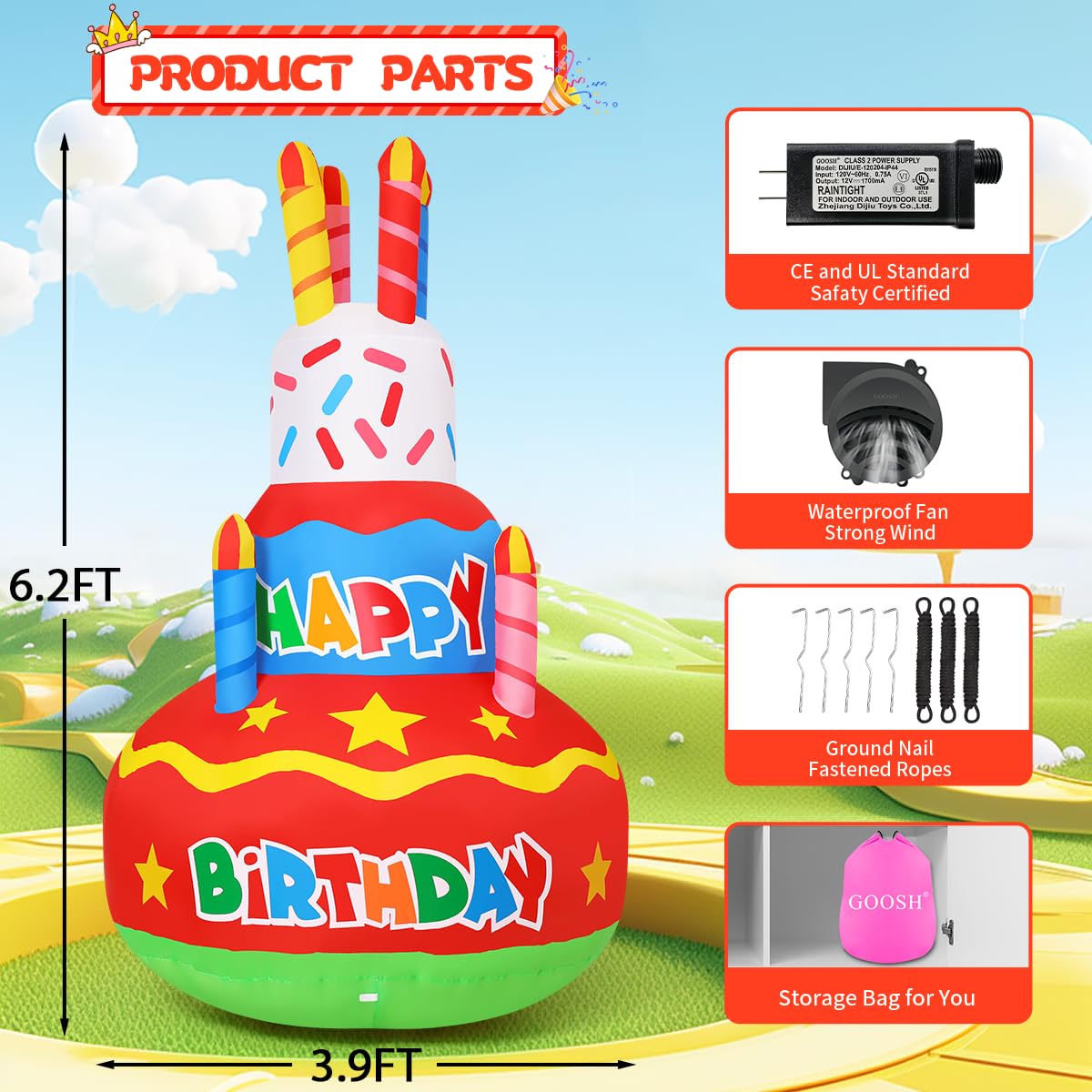 Goosh LED-lit birthday cake centerpiece visible at dusk for outdoor parties.