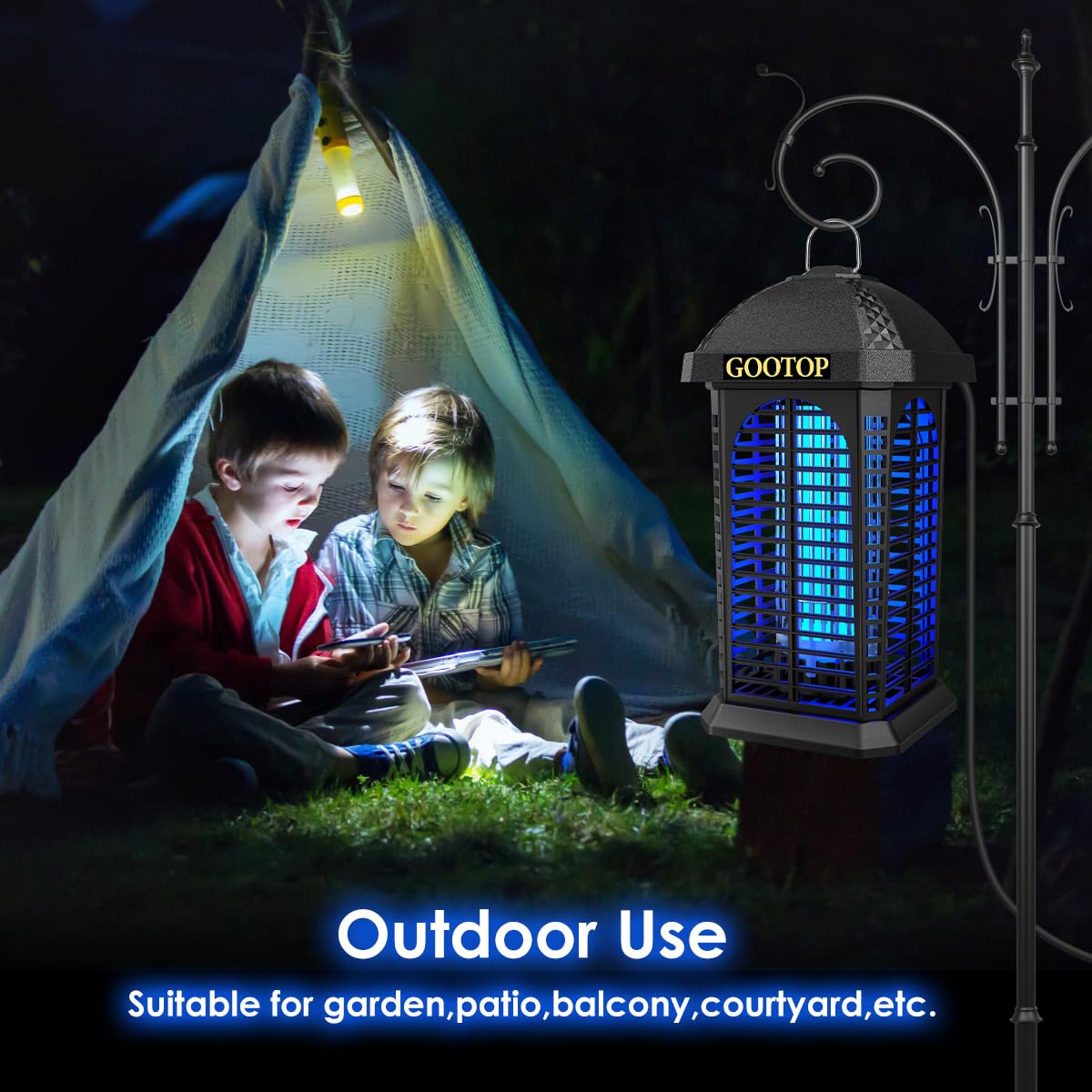 GOOTOP bug zapper outdoor near patio shows 1/2 acre reach.