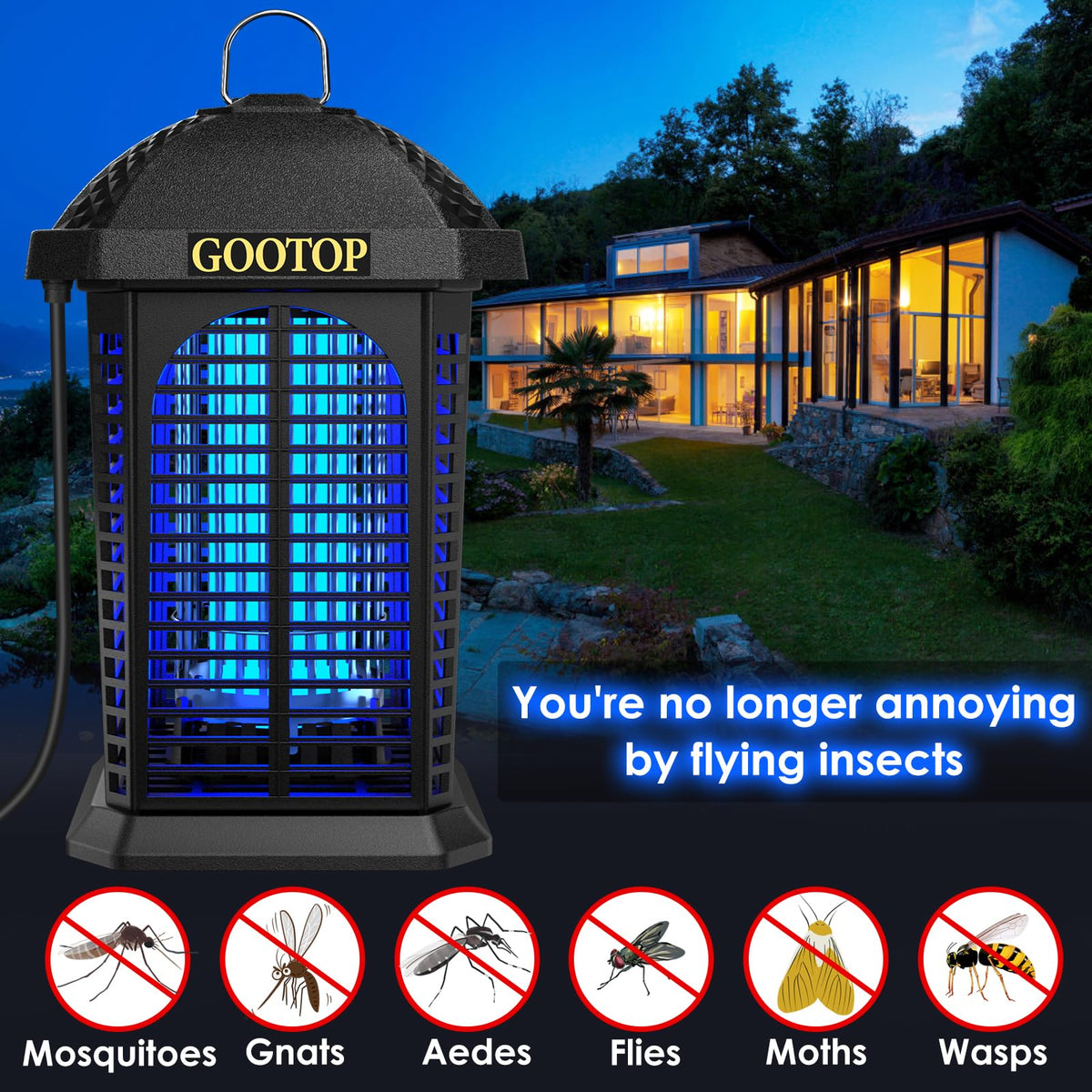 GOOTOP bug zapper outdoor top view highlights compact design for easy hanging and placement.