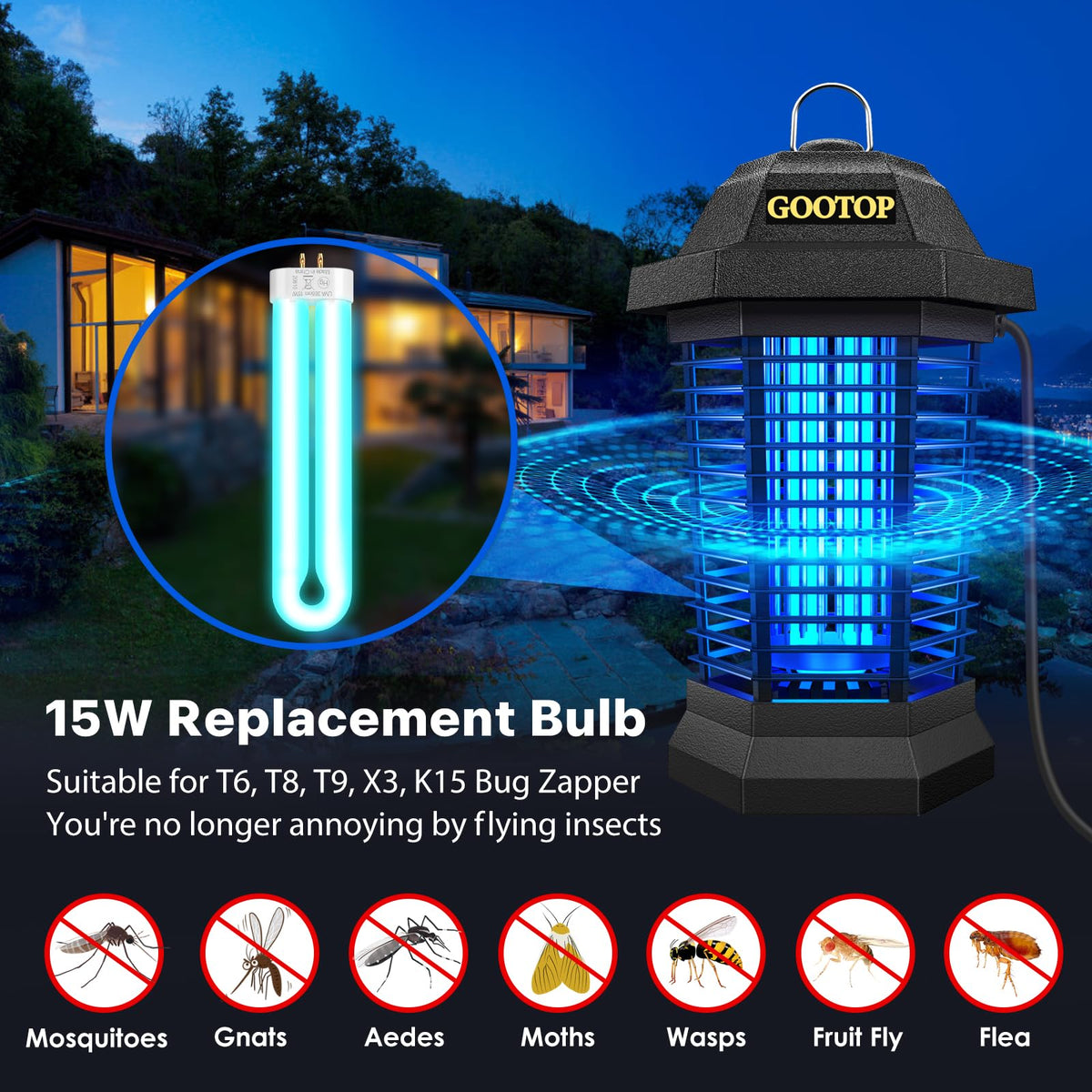 GOOTOP T9 outdoor bulb supports safe, long-lasting zapper operation