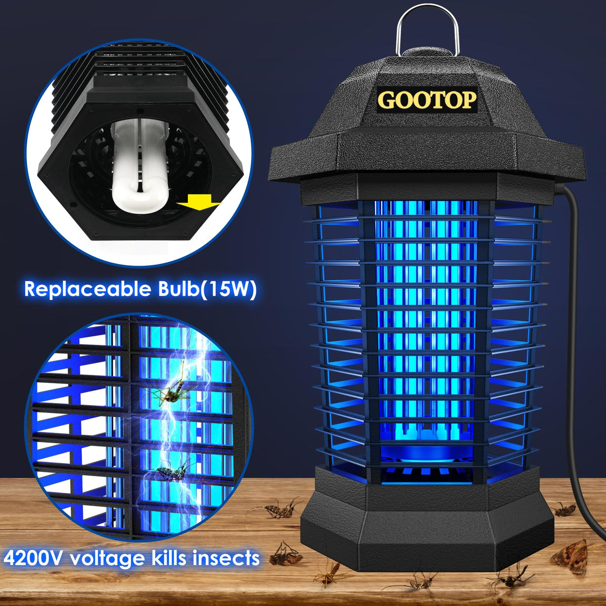 GOOTOP electric grid zapper attracts insects with bright bulb at center