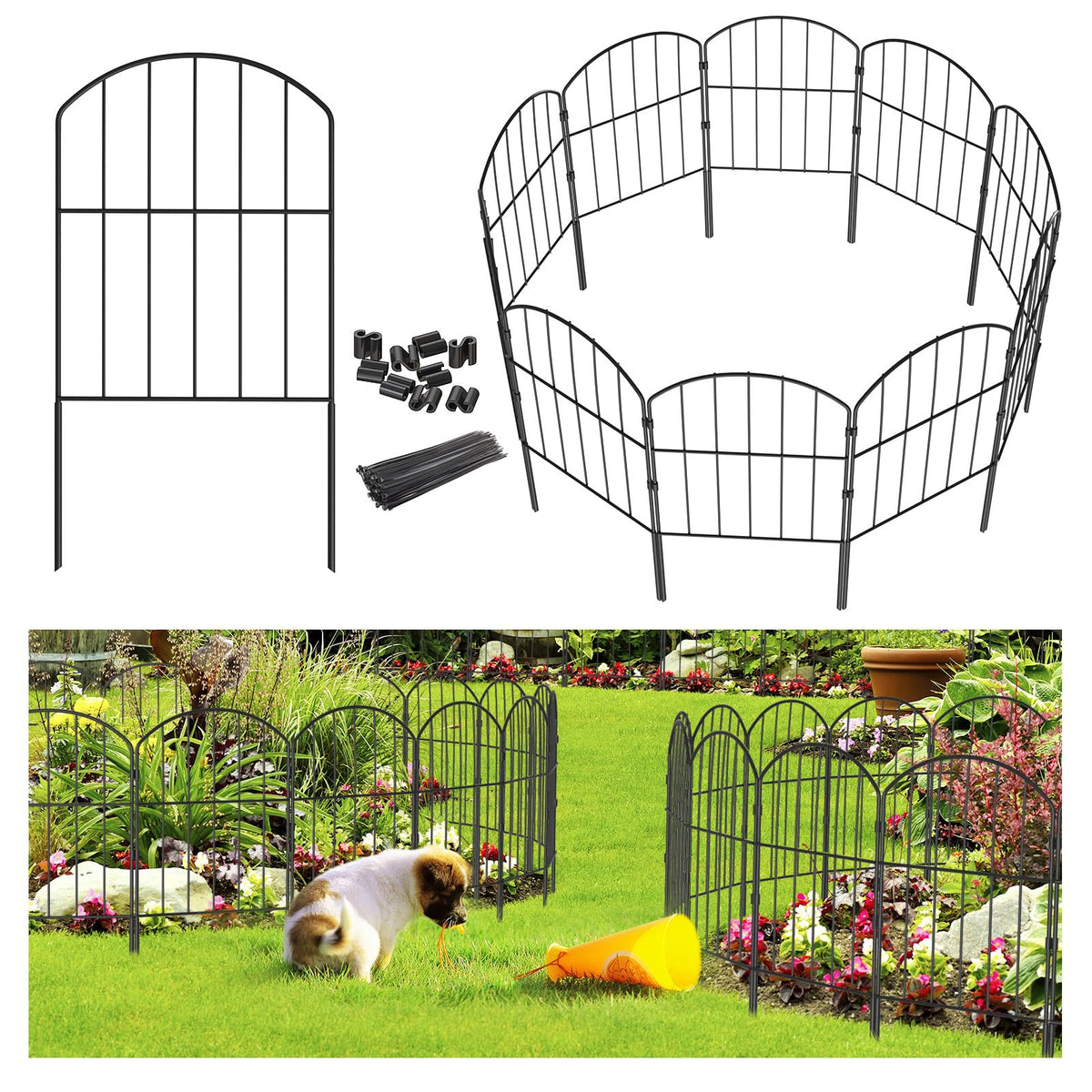 Goovilla garden fence panels being assembled for quick no-dig installation.