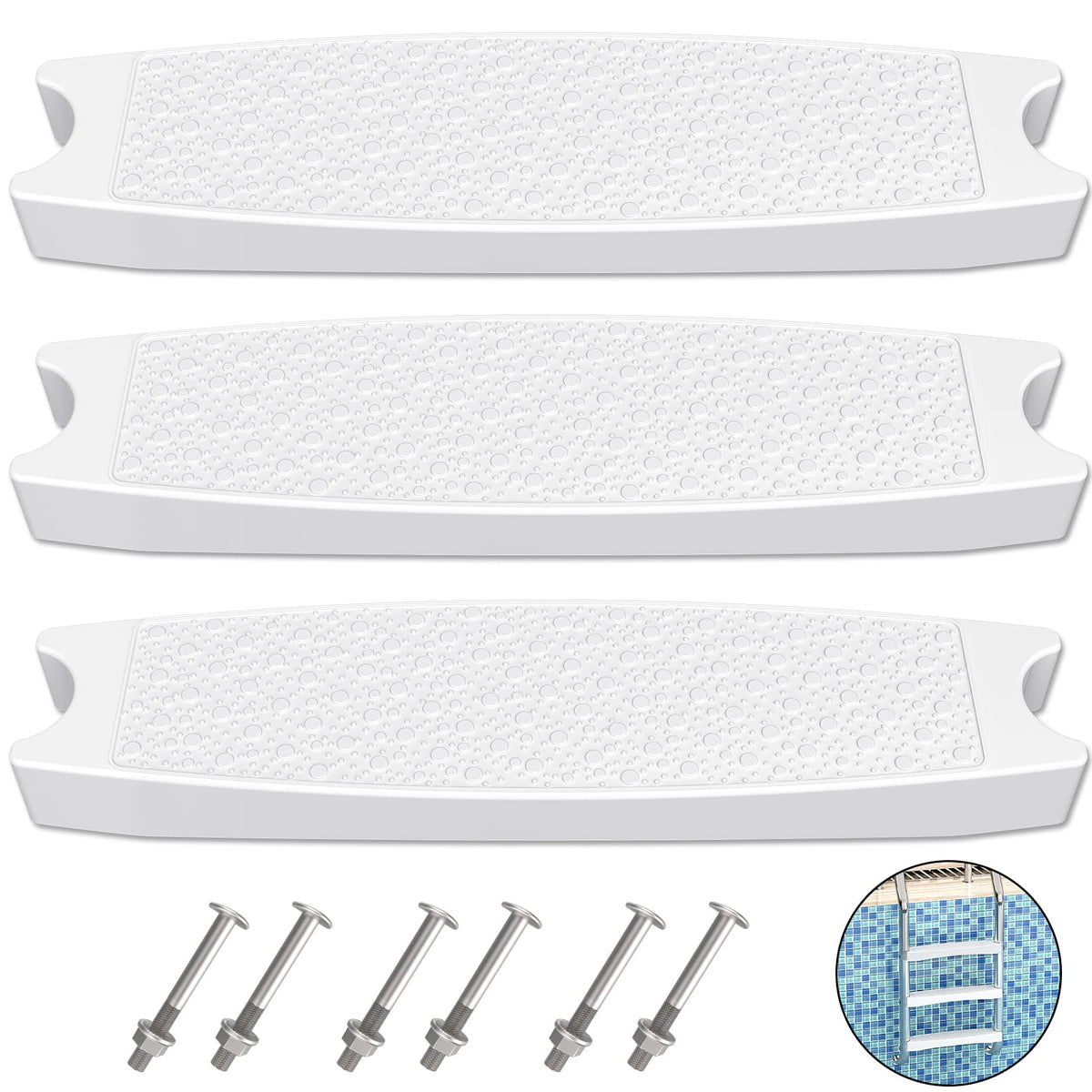 Goovilla pool ladder steps 3-pack viewed in white, highlighting durable construction and fit