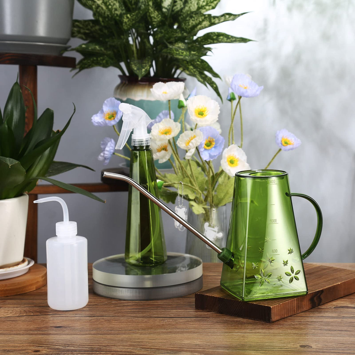 Goowin spray bottle shows mist option for humidity-loving plants.