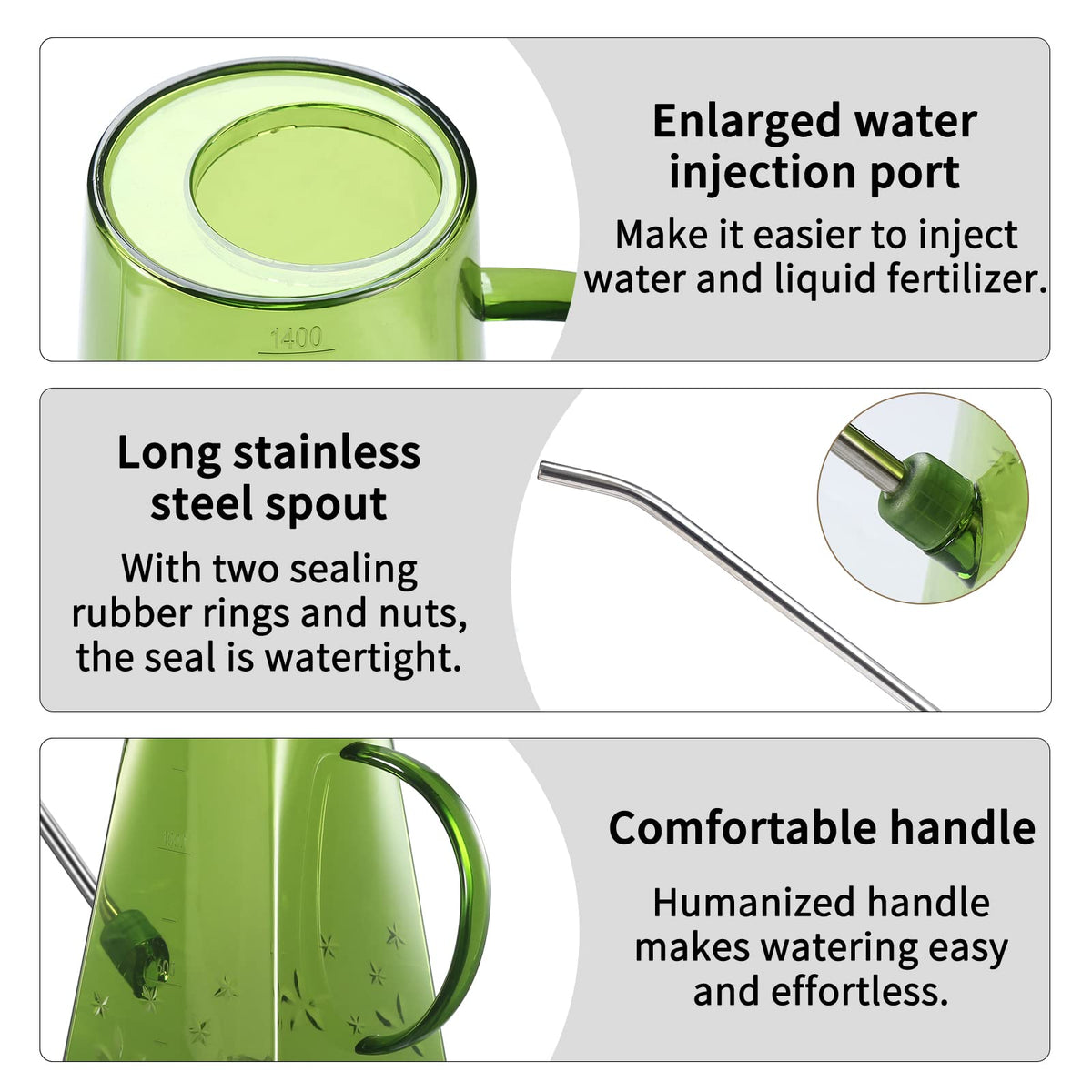 Goowin watering can transparent body displays water level at a glance.