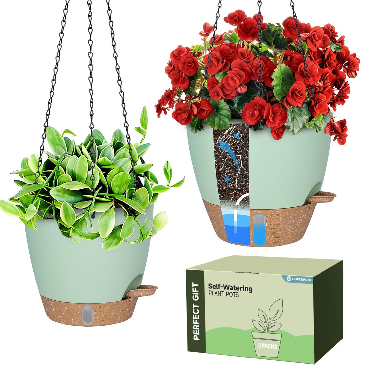 Goproauto self-watering planter with water window for moisture at a glance.