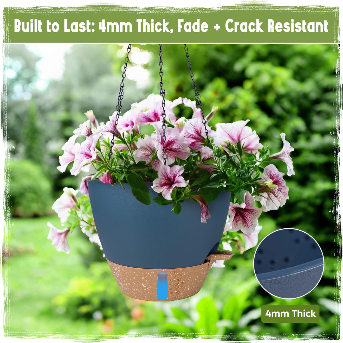 Goproauto planter includes rust-proof metal chain hangers for indoor or outdoor use.