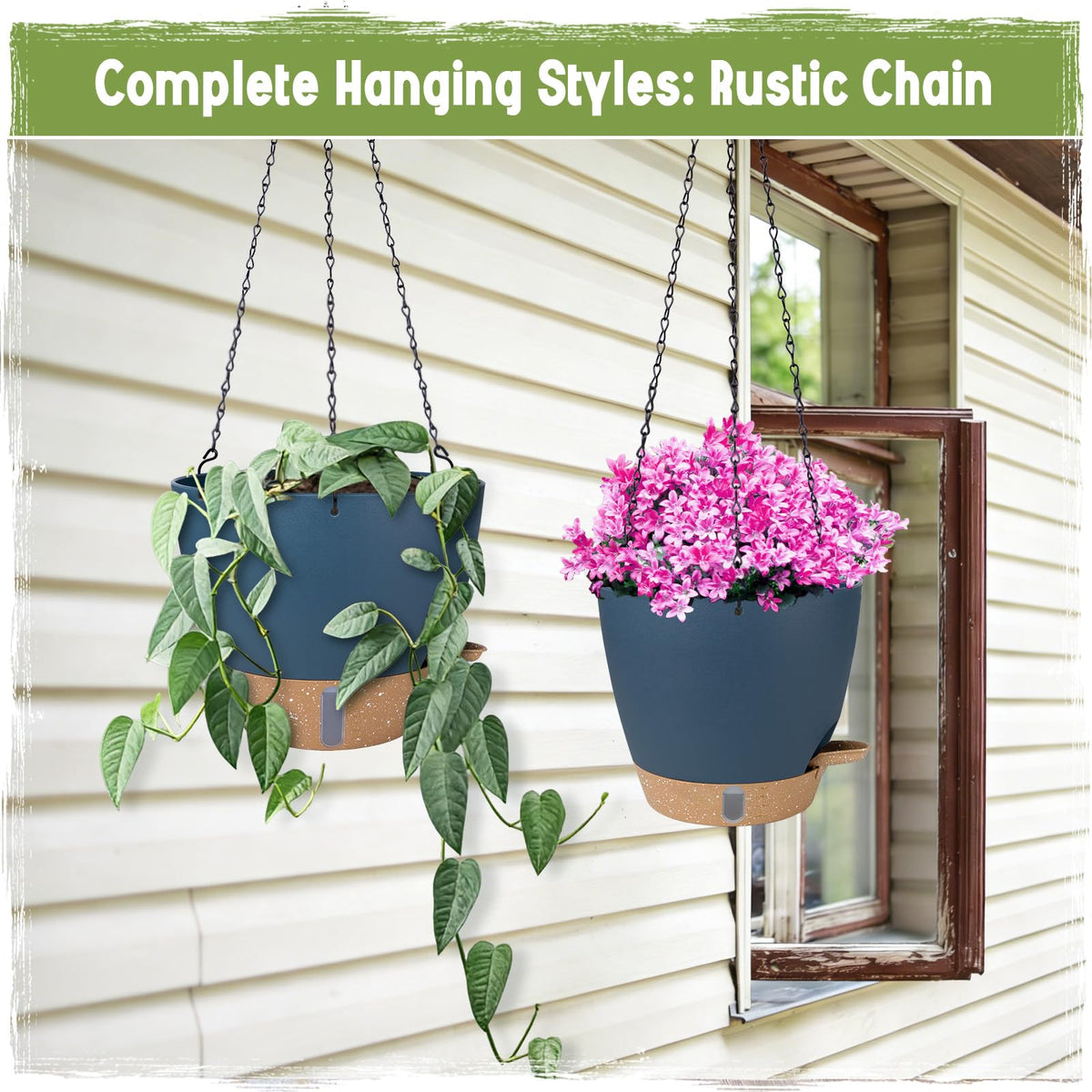 Goproauto blue hanging planters suitable for indoor or outdoor display.