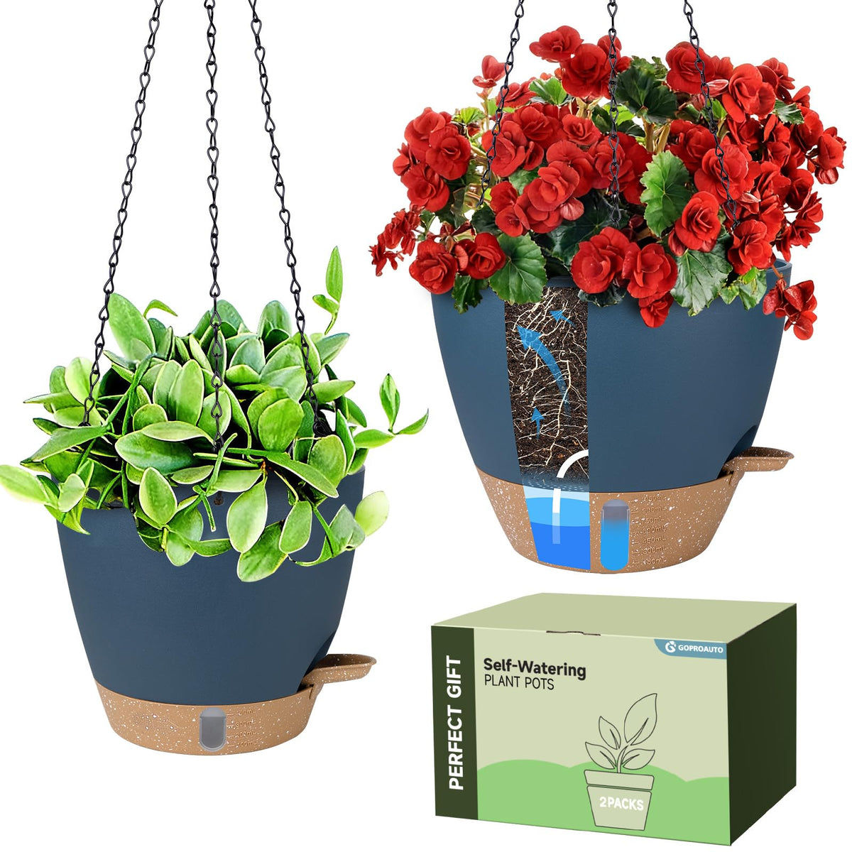 Goproauto self-watering planter shows water level in the window for precise care.