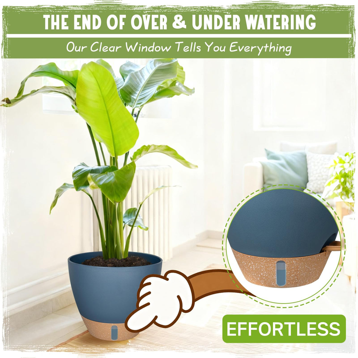 Goproauto self-watering pot 12-inch blue suits large foliage like fiddle leaf figs.
