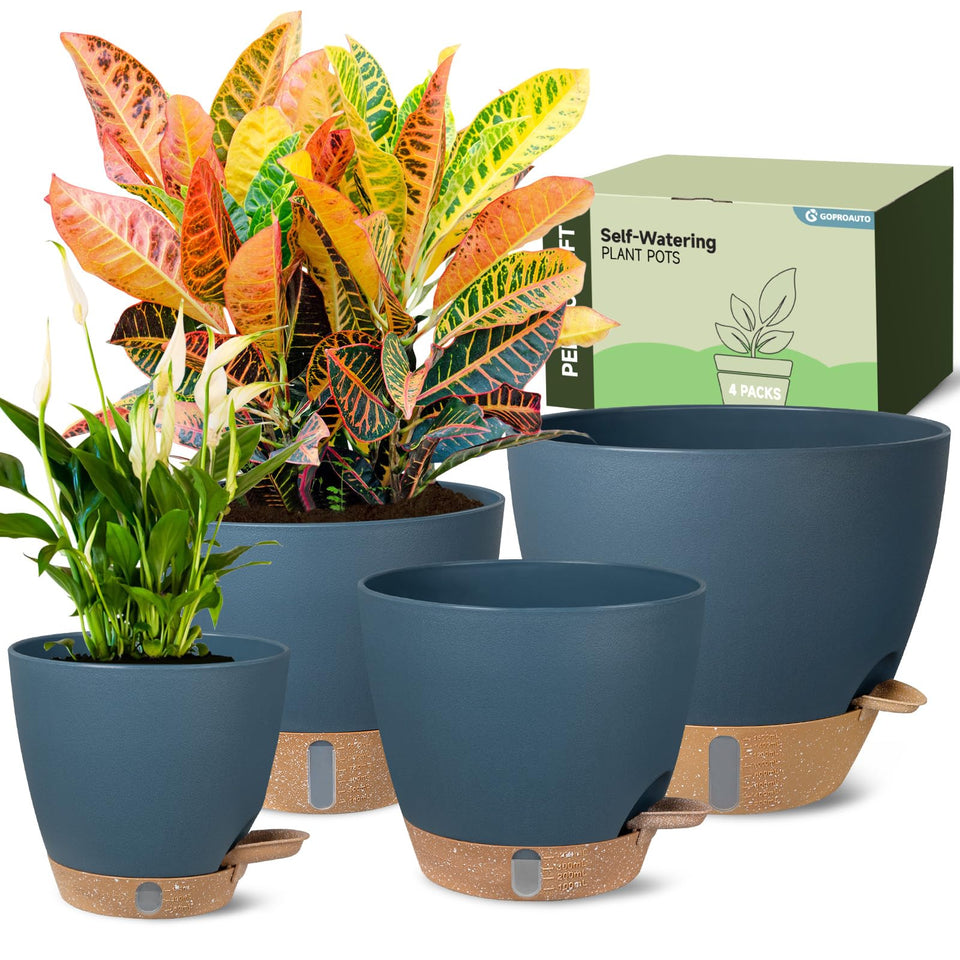 Goproauto self-watering pot 6-inch blue with moisture-friendly design for small spaces.