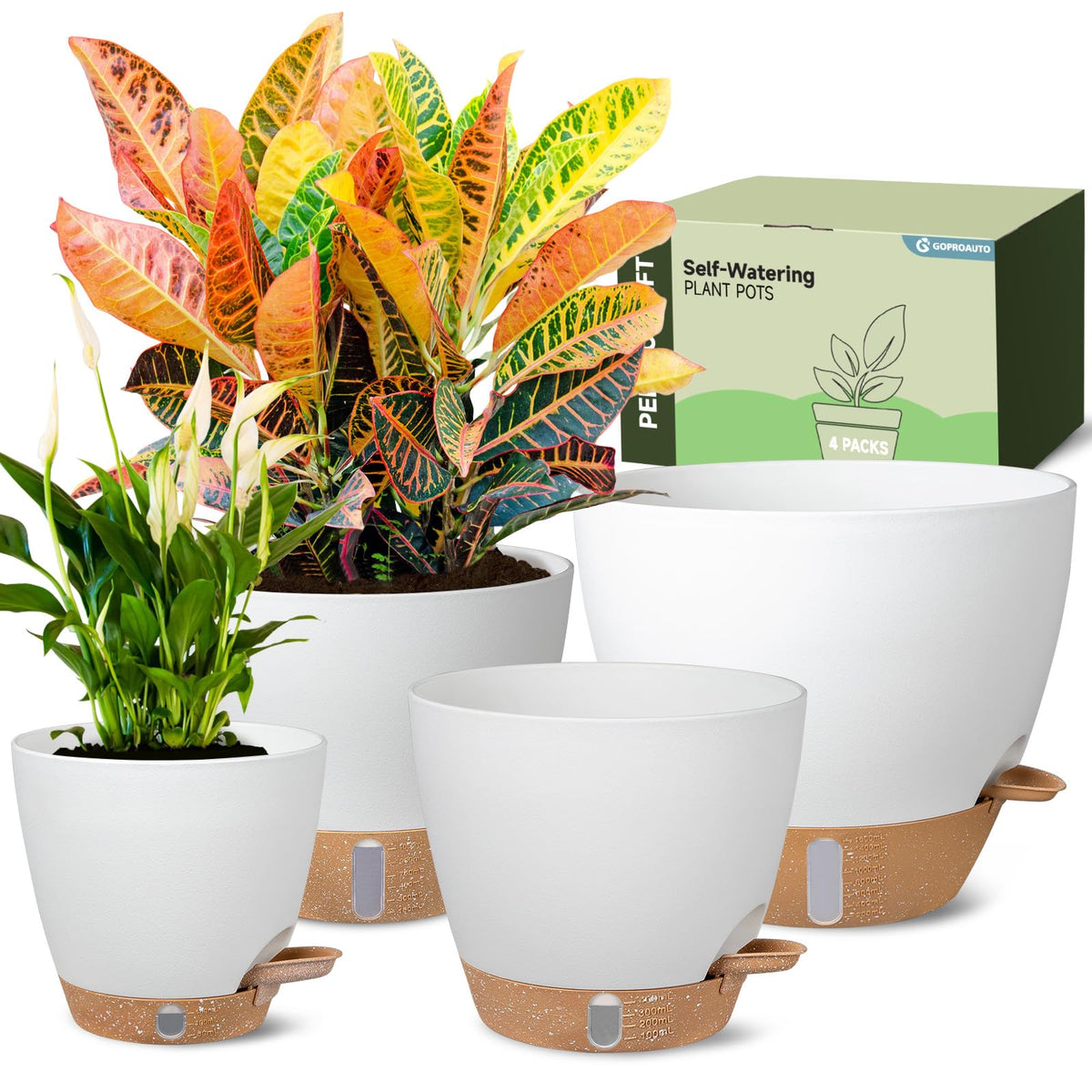 Goproauto self-watering pot 6-inch white maintains steady moisture for herbs.