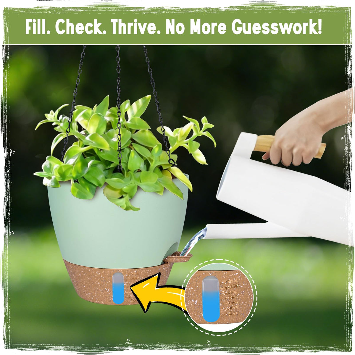 Goproauto hanging planter showing wicks delivering water as needed for roots.