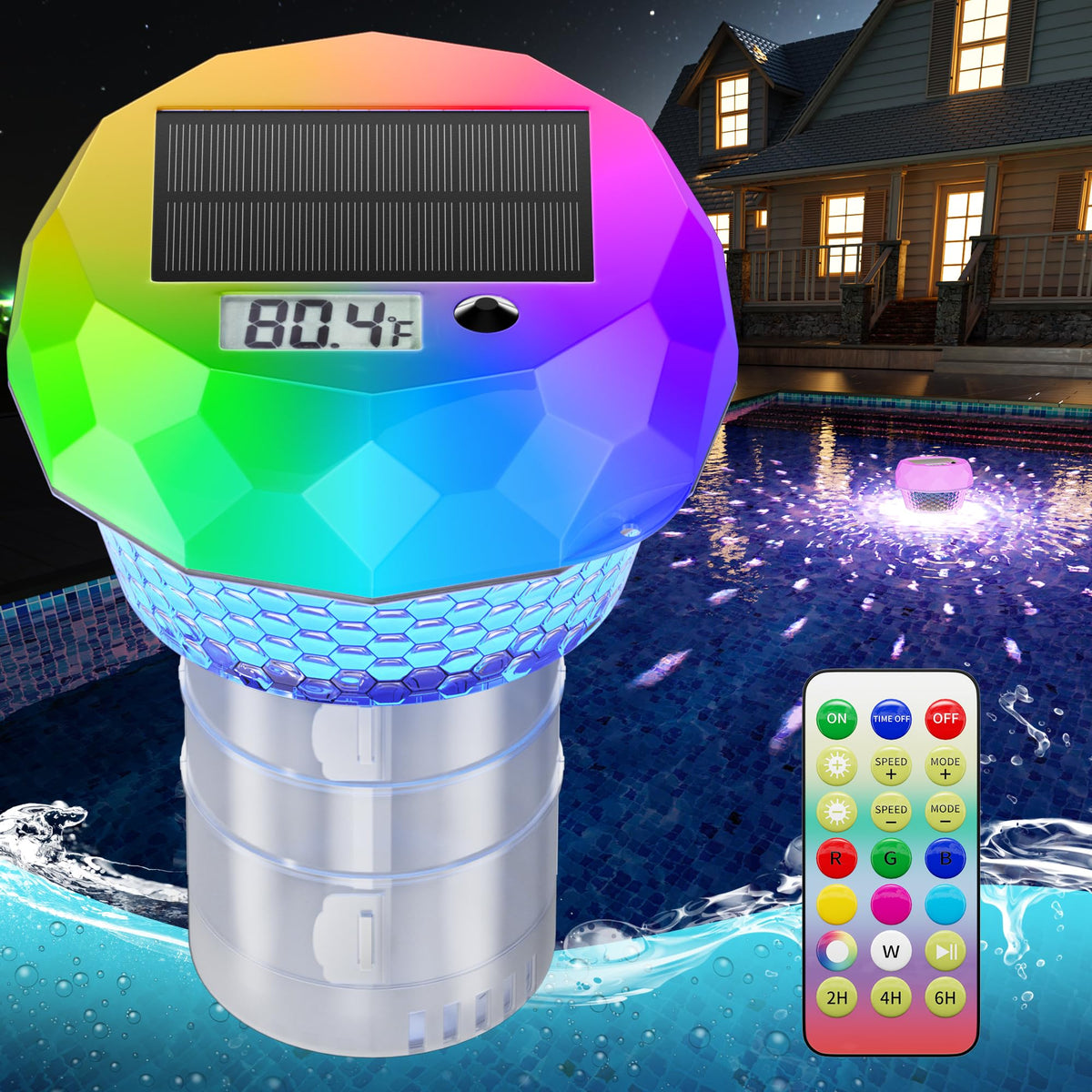 GORDNWE solar pool light with chlorine floater showcases vibrant colors for evening swims.
