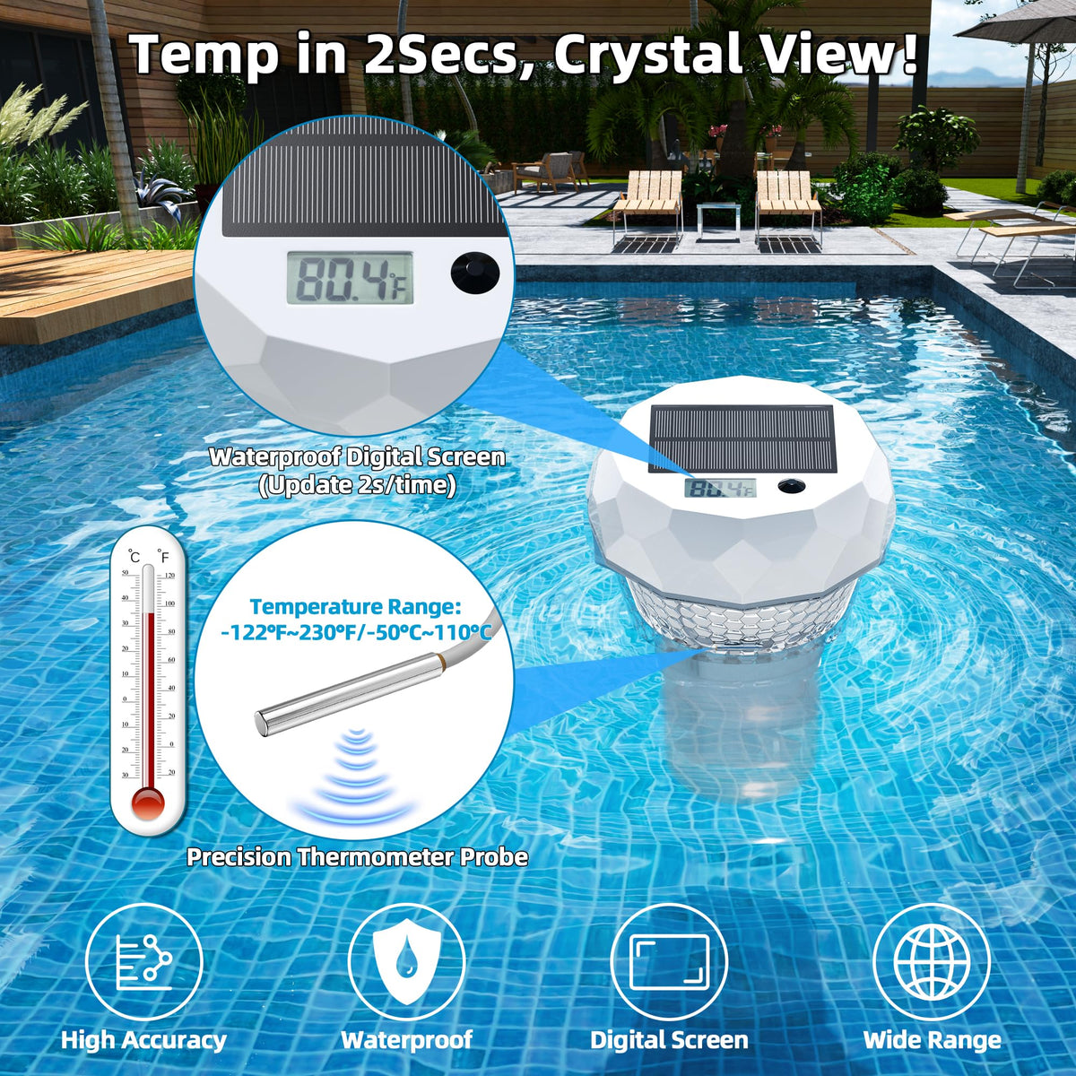 GORDNWE temperature probe shows real-time pool water temperature for comfortable swims.