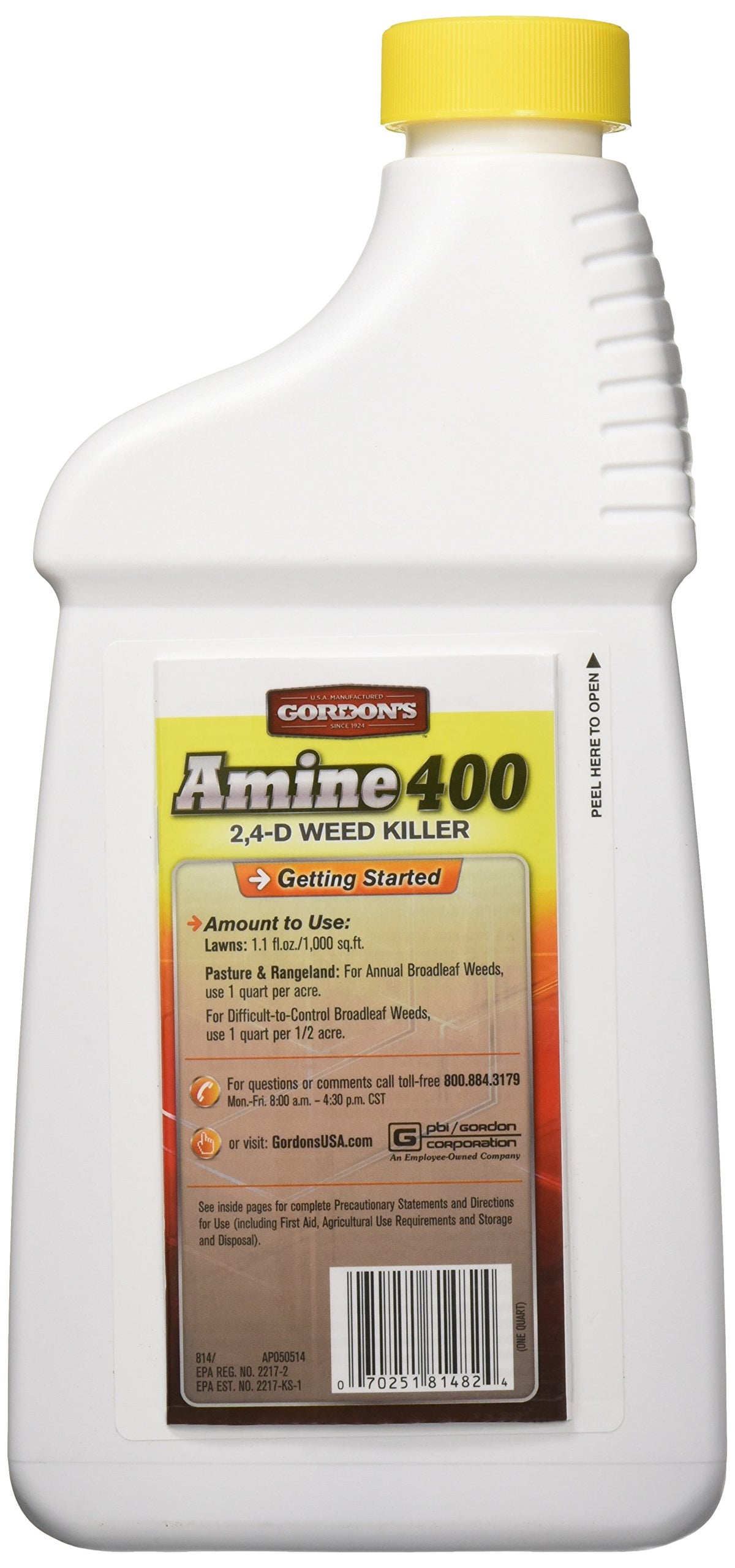 GORDON'S Amine 400 2,4-D weed killer bottle shown for spray application in weed management.
