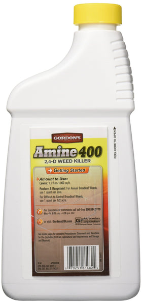 GORDON'S Amine 400 2,4-D weed killer bottle shown for spray application in weed management.