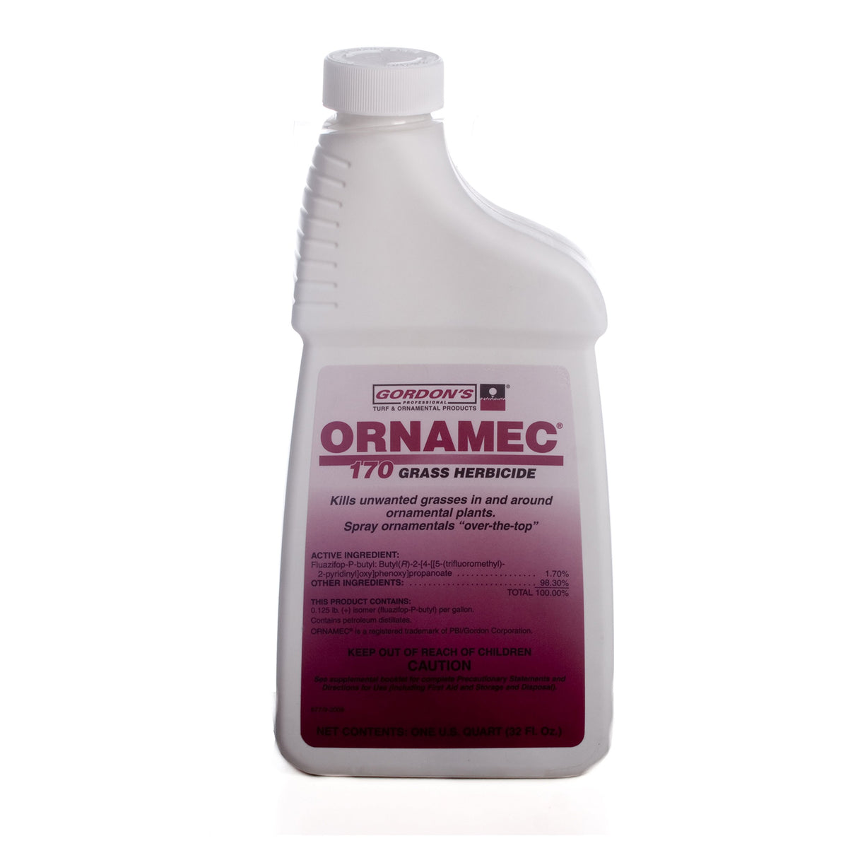 Gordon's Ornamec 170 bottle beside ornamentals; controlling grass around landscape beds