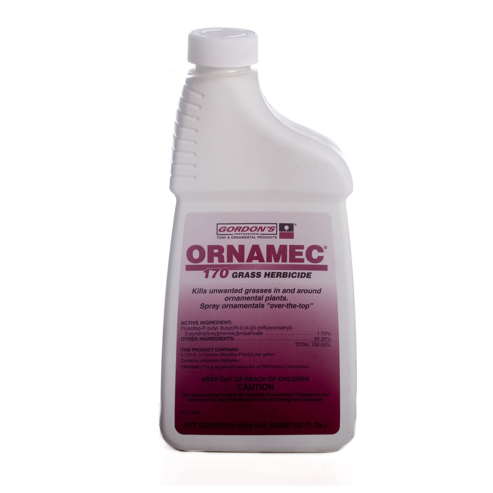 Gordon's Ornamec 170 bottle beside ornamentals; controlling grass around landscape beds