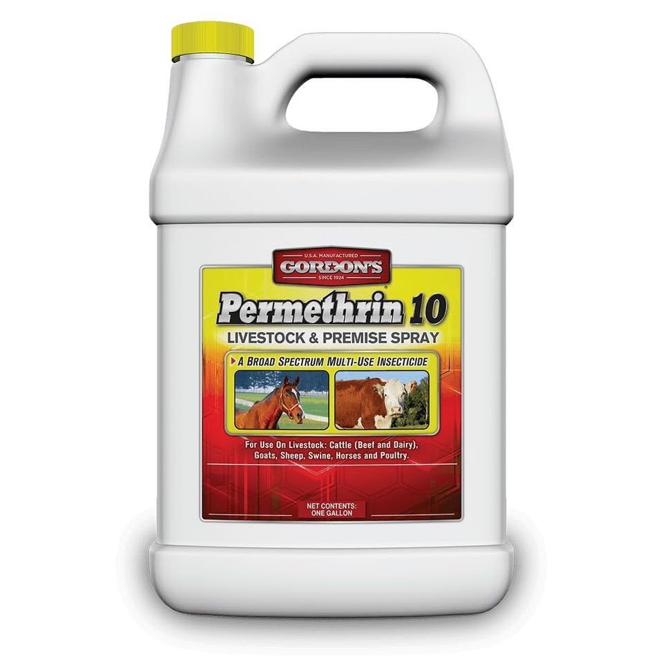 Gordon's Permethrin 10 spray bottle front view for livestock use.