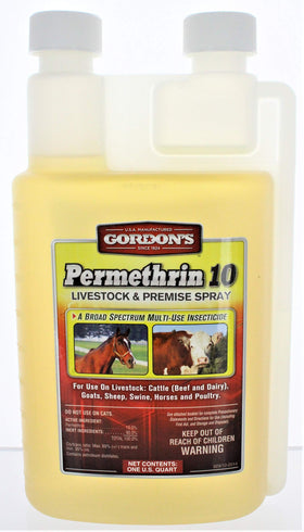 GORDON'S Permethrin 10 spray bottle ready for farm pest control on livestock