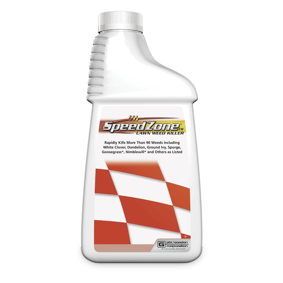 GORDON'S SpeedZone EW lawn weed killer bottle pour showing fast-acting broadleaf weed control for lawns
