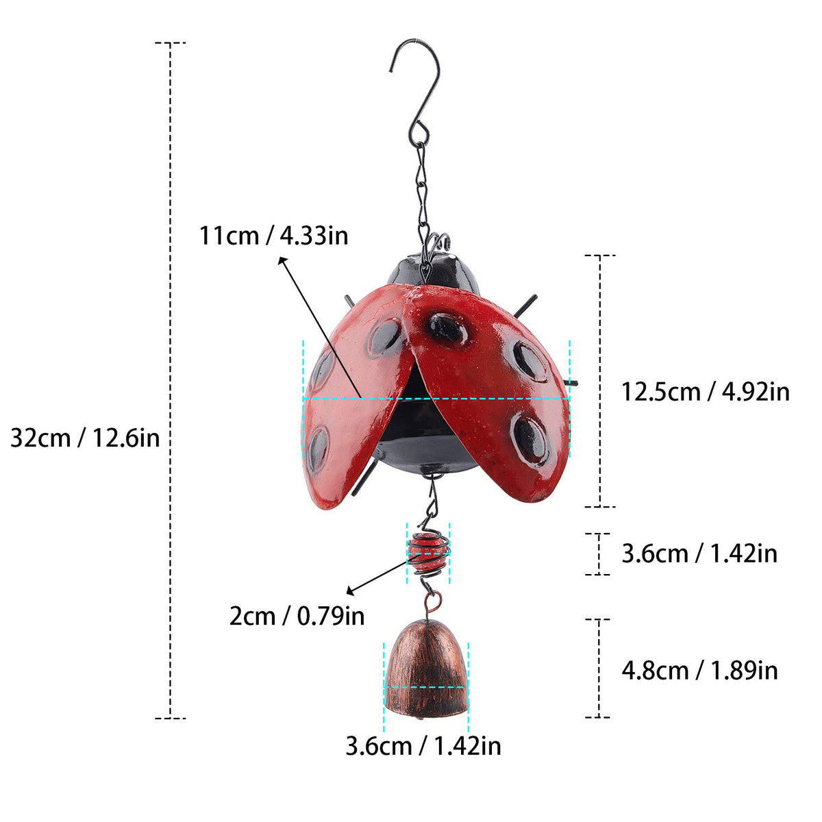 GORGECRAFT Ladybug wind chime with easy S hook for patio hanging.