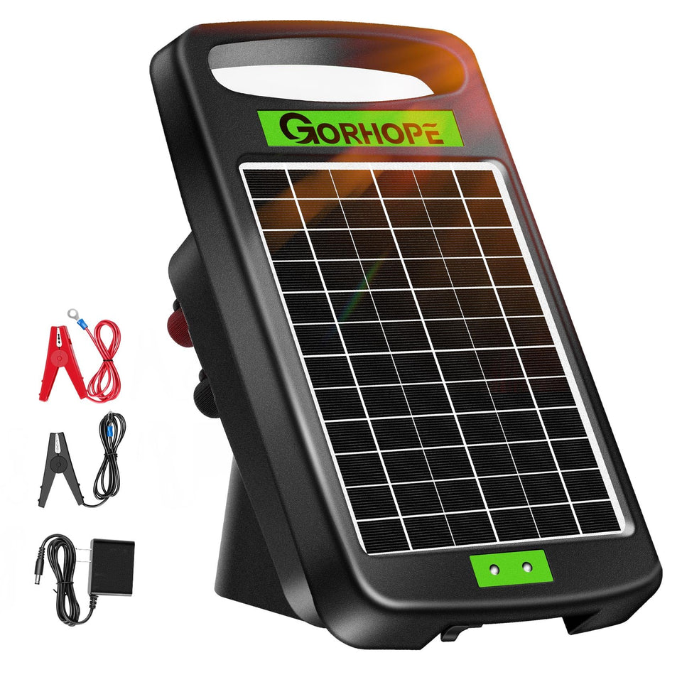 Gorhope 10-mile solar fence charger powering fences across large property.