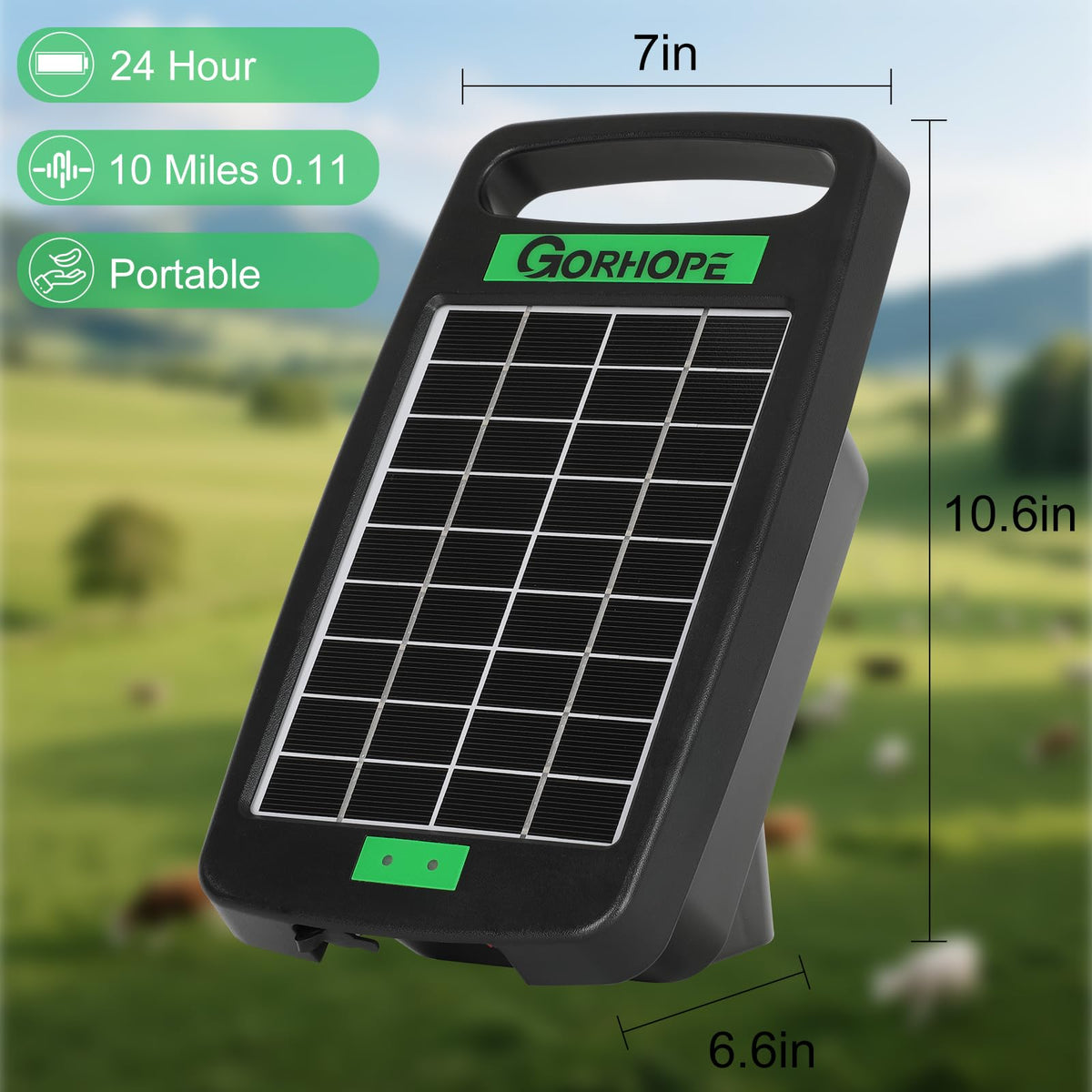 Gorhope fence charger in garden setup illustrating 24/7 fence protection.