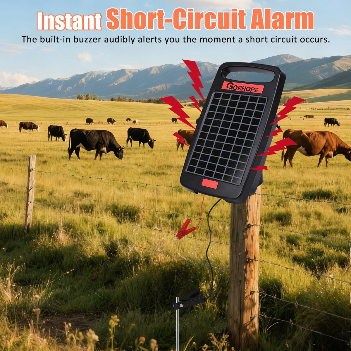 Gorhope short-circuit alarm buzzer signaling alerts for livestock protection.