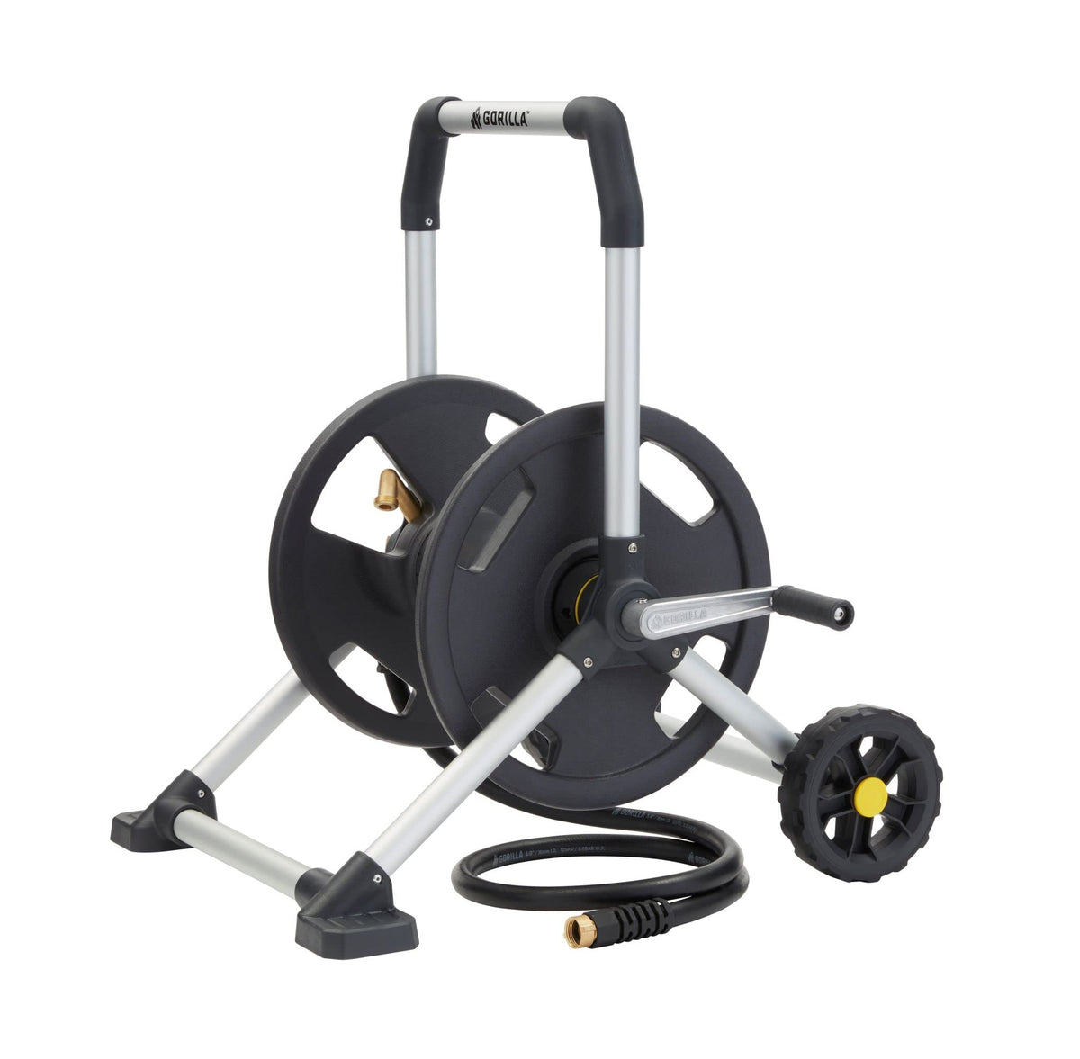 Gorilla Carts 200ft upright hose reel side view showing rust-proof aluminum frame