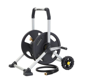 Gorilla Carts 200ft upright hose reel side view showing rust-proof aluminum frame