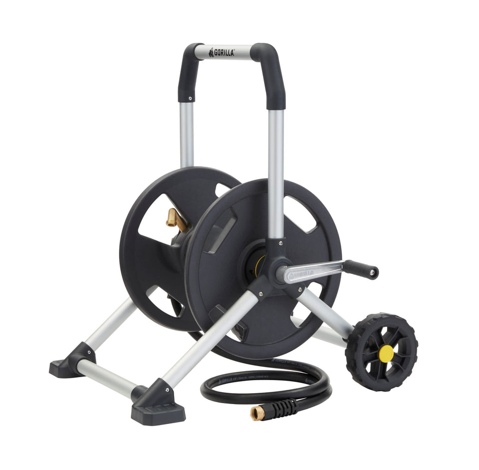 Gorilla Carts 200ft upright hose reel side view showing rust-proof aluminum frame