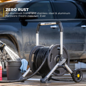 Gorilla Carts upright hose reel with wheels highlights stable base and easy mobility