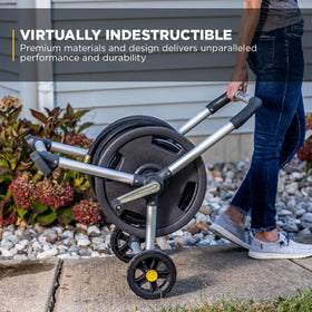 Gorilla Carts 200ft hose reel winding mechanism demonstrates kink-free operation