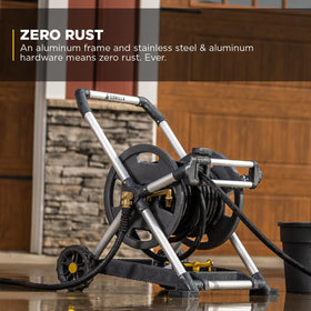 Gorilla Carts 225ft hose reel in action demonstrating length and mobility.