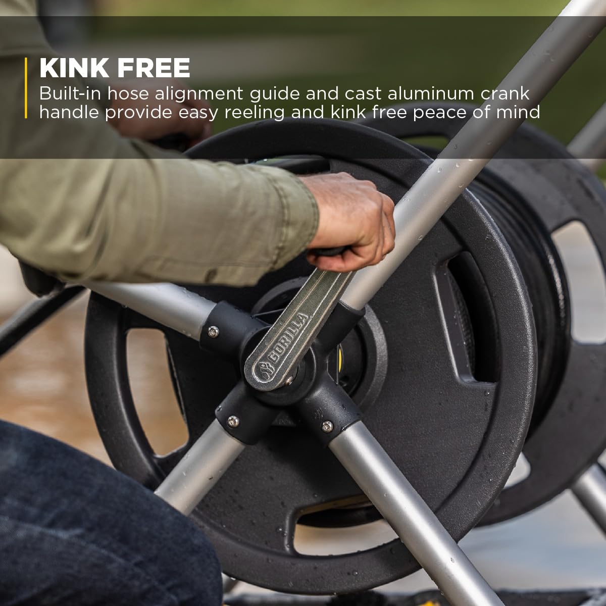 Gorilla Carts hose alignment guide ensures kink-free winding.