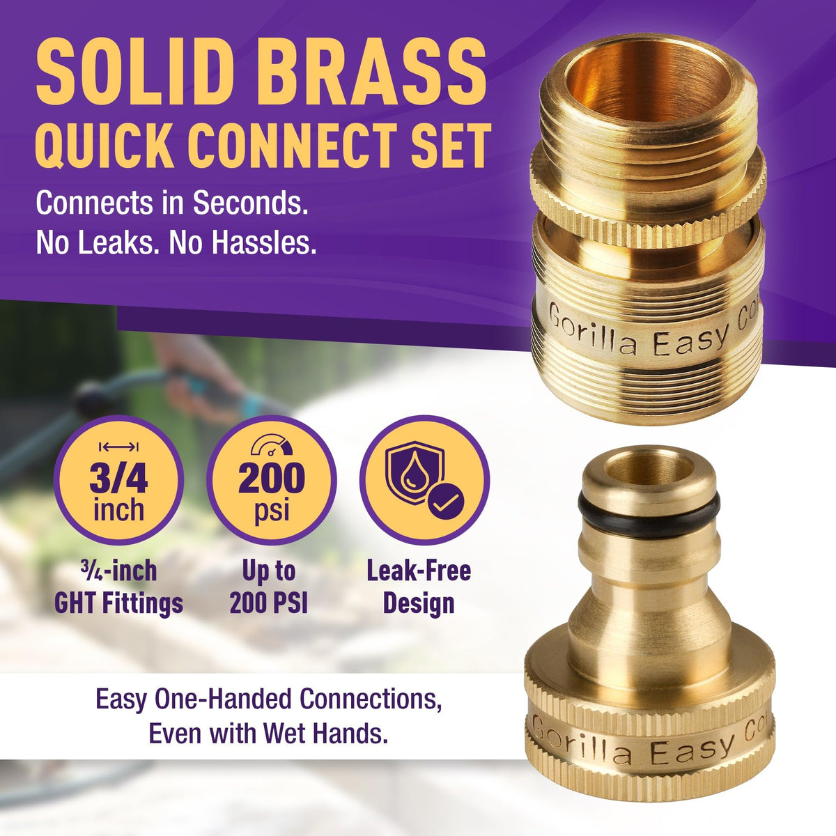 Gorilla Easy Connect 3-4-in brass GHT fittings fit standard hoses with a secure seal.