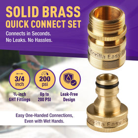 Gorilla Easy Connect 3-4-in brass GHT fittings fit standard hoses with a secure seal.