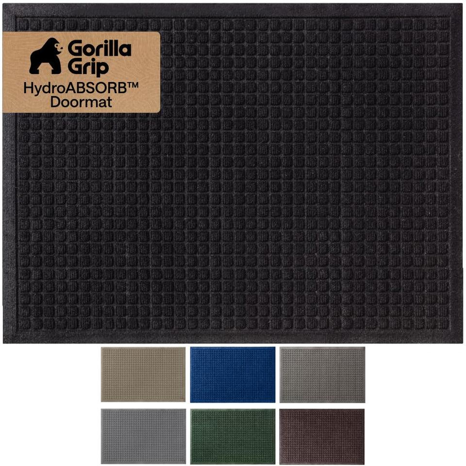 GORILLA GRIP HydroABSORB front door mat shows water dam border for moisture control.