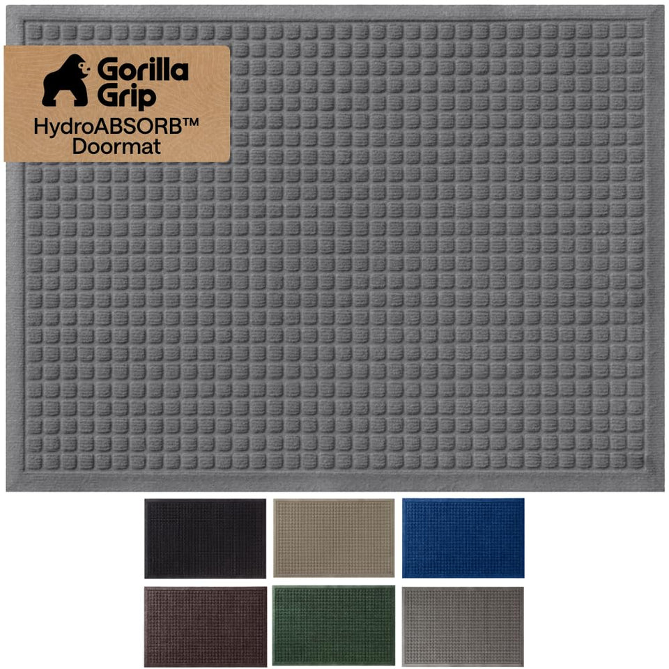 Gorilla Grip HydroAbsorb front door mat with water dam border traps moisture to protect floors.