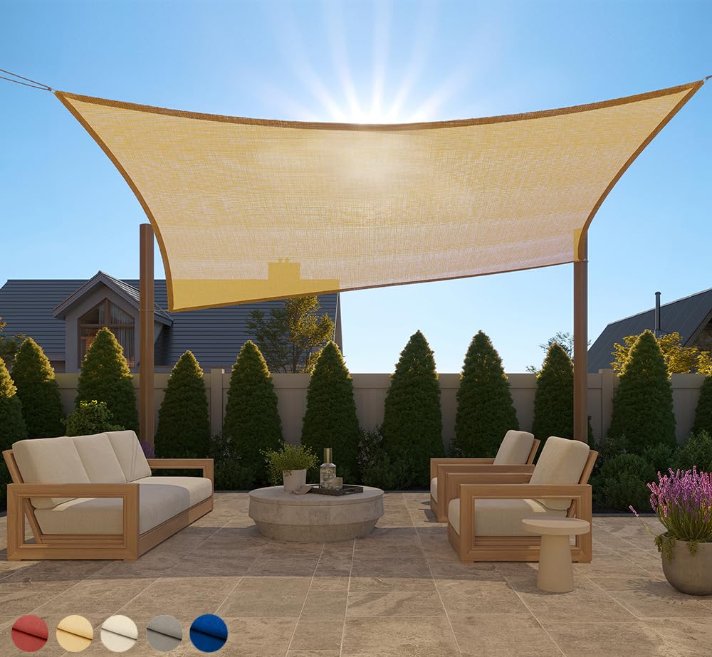 Gorilla Grip sun shade sail over a patio providing cooler, shaded seating