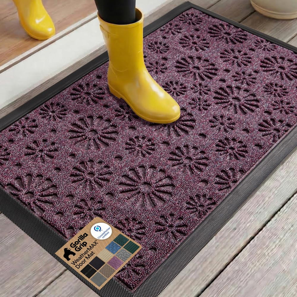 GORILLA GRIP WeatherMAX doormat front view with purple confetti daisy traps dirt