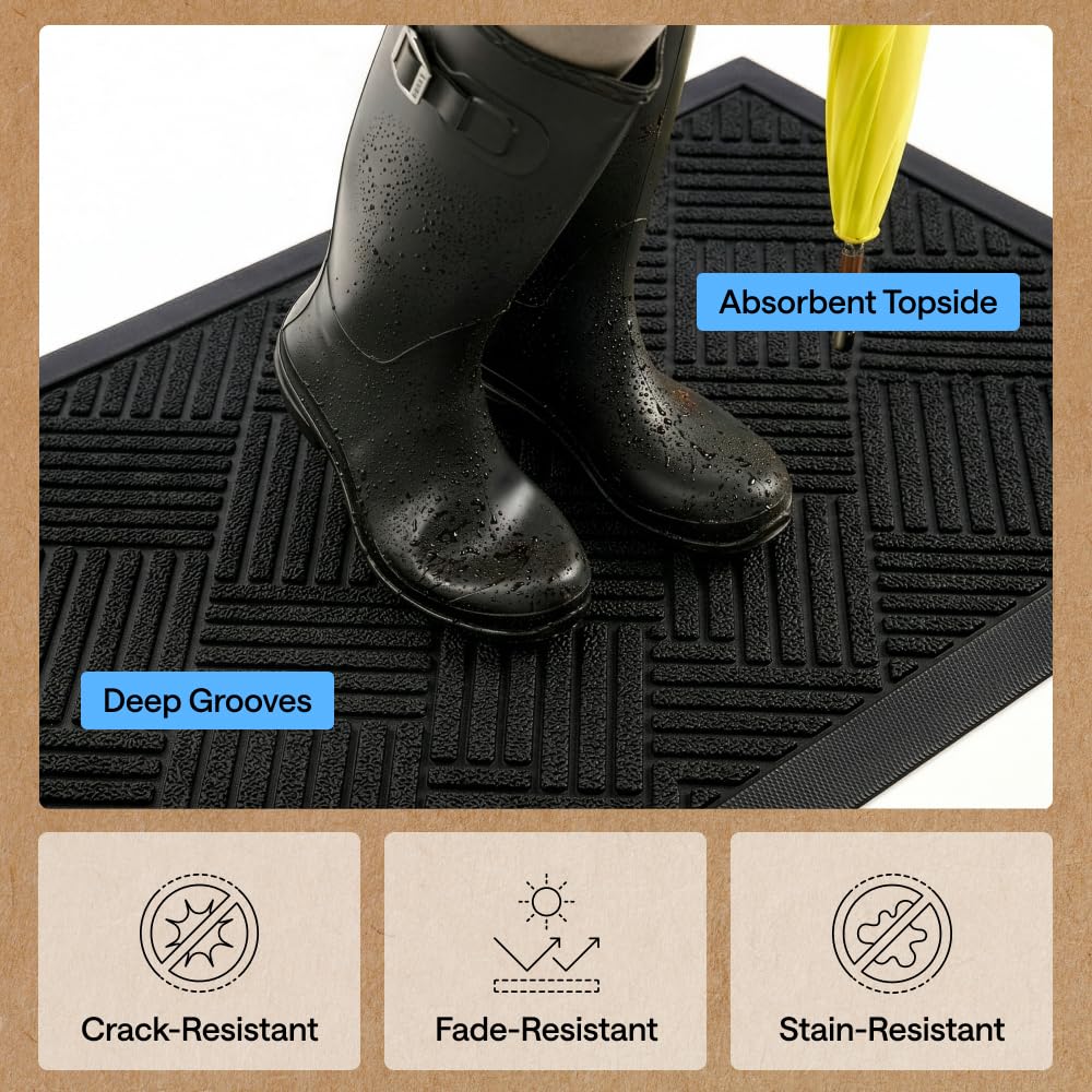 WeatherMAX doormat designed for all-season use with rain and snow in the background.