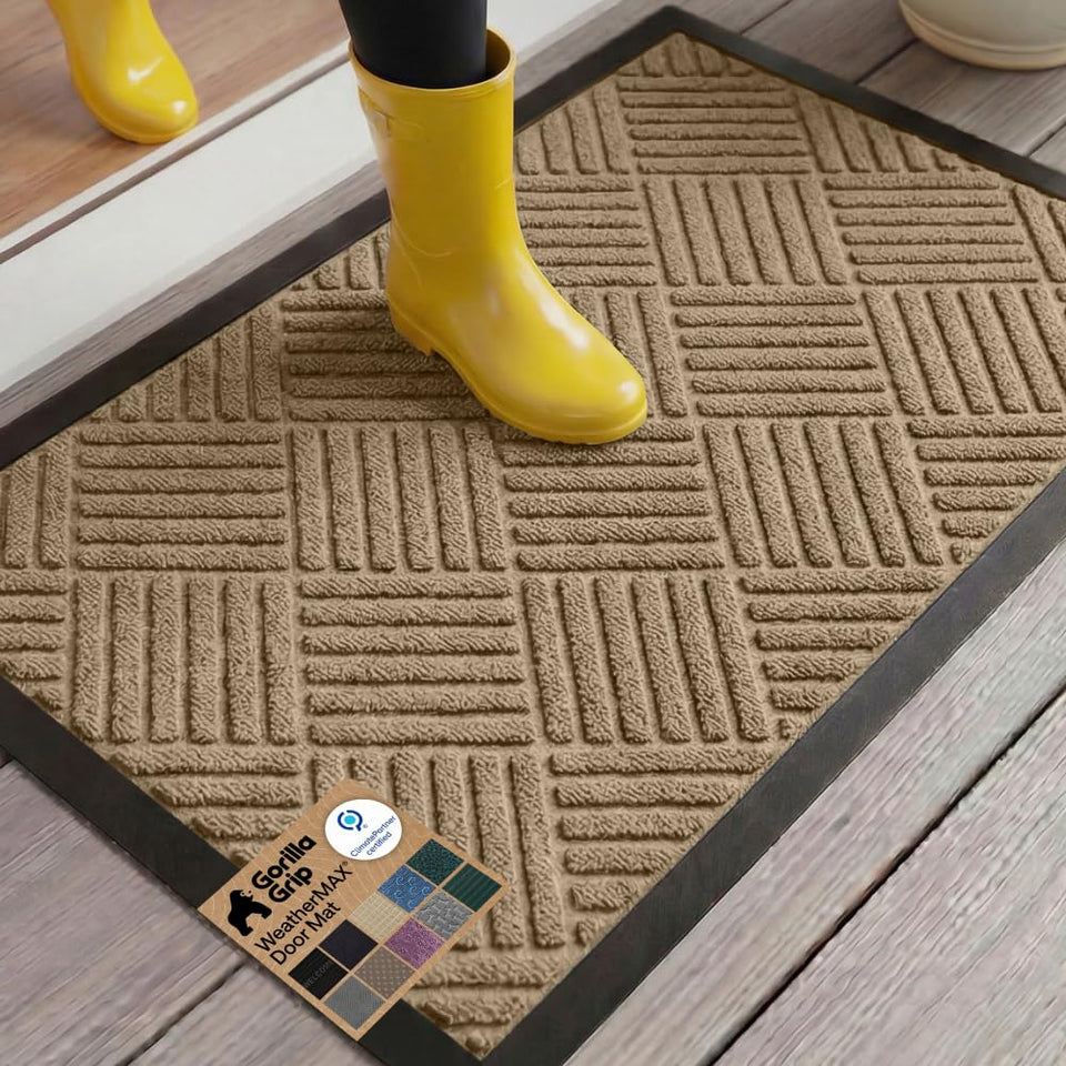 GORILLA GRIP WeatherMAX doormat beige diamond at front door showing inviting entry and dirt-trapping surface