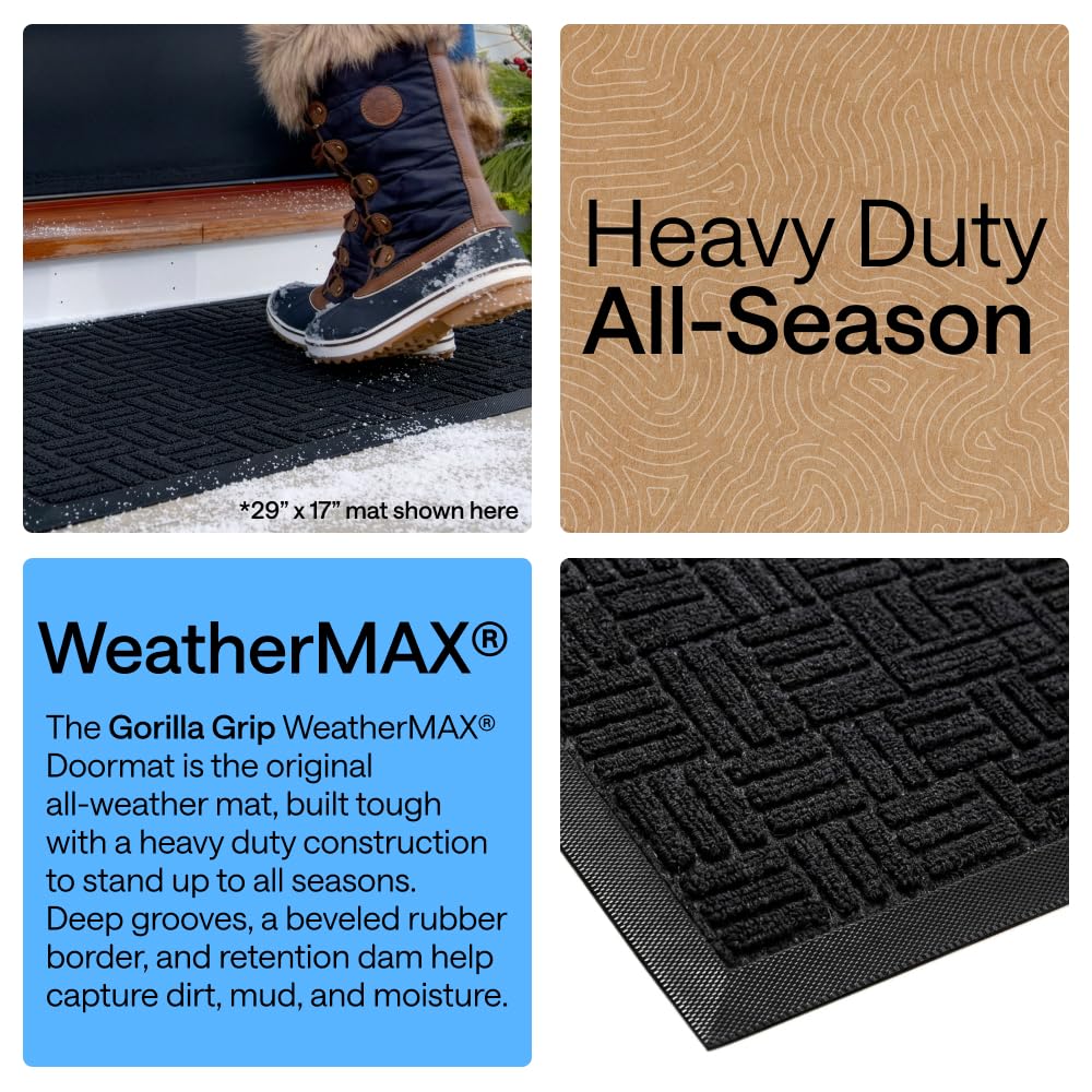 GORILLA GRIP WeatherMAX beveled border helps scrape debris at threshold.