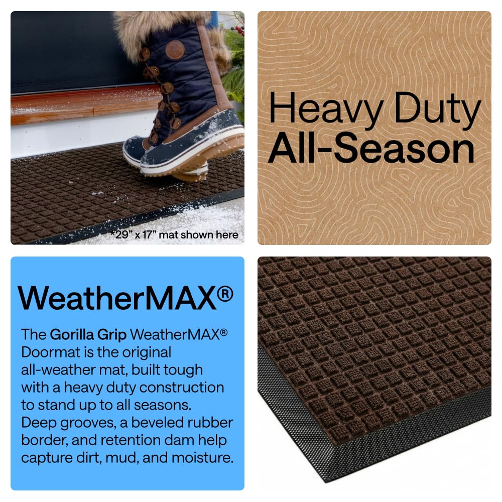 GORILLA GRIP WeatherMAX doormat coffee square beveled border ensures smooth door clearance.