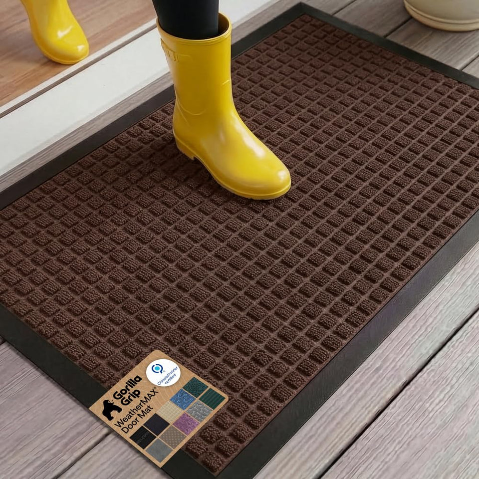 GORILLA GRIP WeatherMAX doormat coffee square front view shows durable, low-profile entry protection.