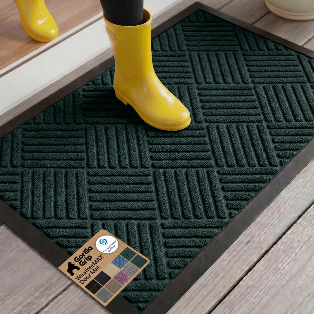 GORILLA GRIP WeatherMAX doormat at front door showing rugged, weather-ready build.